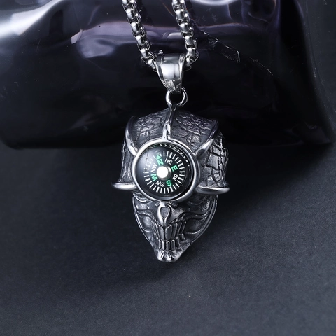 Gothic Punk Anhänger Halskette Edelstahl Vintage Totenkopf Kompass Evil Eye Schmuck Für Männer