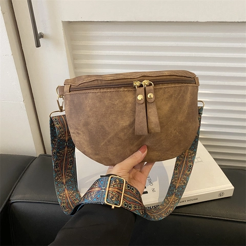 Vintage PU Leather Half Moon Shoulder Crossbody Bag With Bohemian Ethnic Print Wide Adjustable Strap Double Zipper