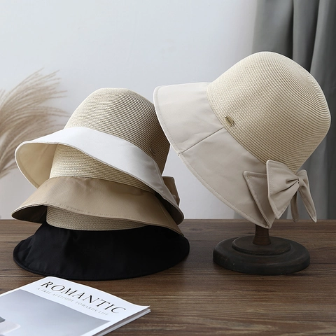 Women Bucket Hat Straw Fabric Patchwork Large Bow Sun Protection Wide Brim Beach Summer Travel Elegant Sun Hat