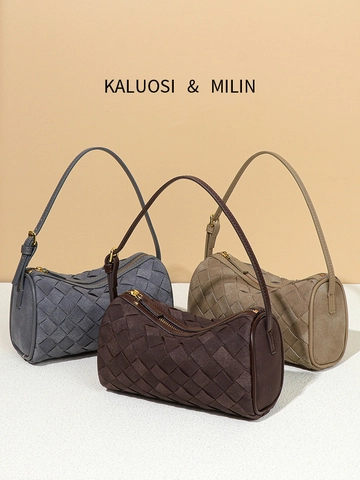 Woven Shoulder Bag Matte Suede Braided Boston Cylinder Handbag Adjustable Strap Solid Color Minimalist Retro