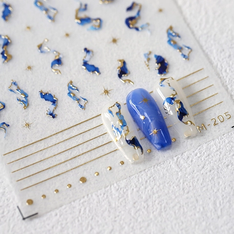 5D Nail Art Stickers Blue Marble Ink Wash Gold Foil Relief Star Celestial Design Self Adhesive Manicure Decals