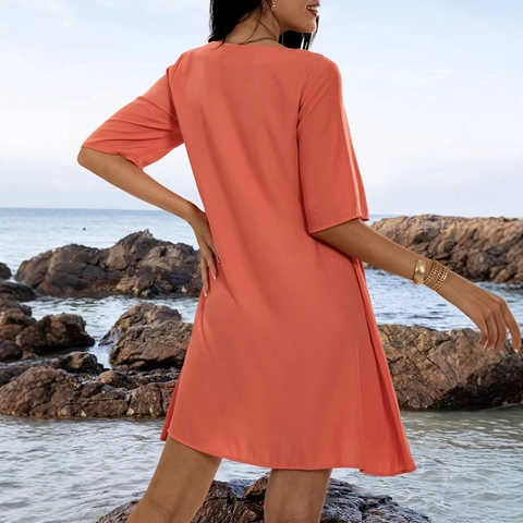Women Summer Casual Round Neck Ruched Short Sleeve Midi Dress Solid Color Beach Sun Dress Polyester Loose Fit Vacation Dress