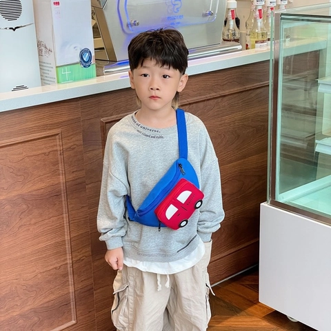 Cartoon Car Shape Kids Waist Bag Nylon Adjustable Strap Cute Chest Bag For Boys And Girls Toddler Travel Fanny Pack