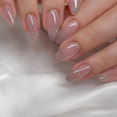 Press On Nails Nude Pink Gradient Silver Glitter Ombre Elegant Detachable Full Cover Fake Nails For Women Sweet Simple Style