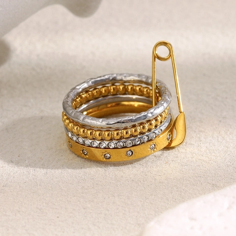 Stackable Rings Stainless Steel 18K Gold Plated Safety Pin Design Star Zirconia Ins Style Elegant Women Jewelry