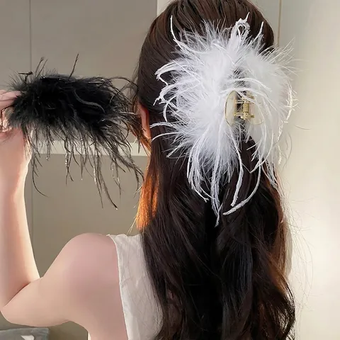 Grote Struisvogelveer Haarklem Acryl Elegante Paardenstaarthouder Haarstyling Accessoires Voor Dames Mode Hoofddeksels