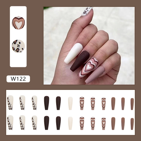 Unghie Finte Lunghe A Bara Motivo Cuore Leopardo Cioccolato Crema Opache Unghie Finte Manicure Alla Moda Per Donne
