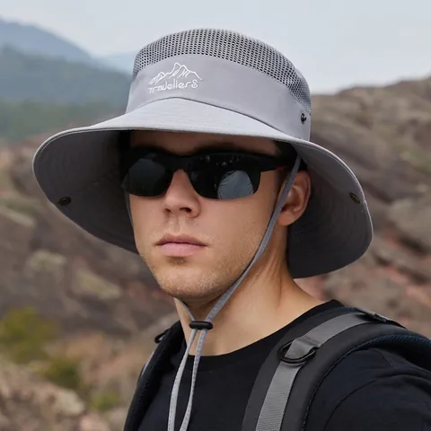 Outdoor Sun Hat Breathable Wide Brim Bucket Hat For Hiking Fishing Summer UV Protection Windproof Adjustable Strap