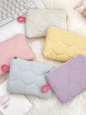 Quilted Polyester Zipper Pouch Portable Mini Bag For Sanitary Napkin Coin Makeup Storage Women Cute Macaron Colors