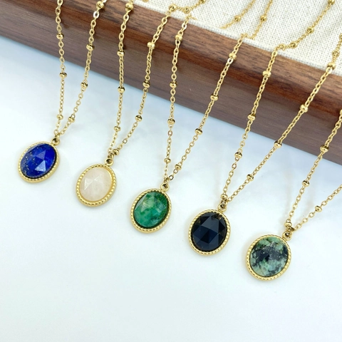 Boheems Ovaal Natuursteen Hanger Ketting Voor Vrouwen Roestvrij Staal 14K Vergulde Satelliet Kogelketting Sieraden