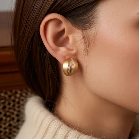Boucles D'oreilles Bouton En Forme De C Cuivre Mat Brossé Avec Zircon Inlaid Mode Élégante Femme Silver Earring Post
