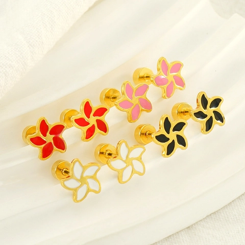 Flower Stud Earrings Stainless Steel 18K Gold Plated Enamel Five Petal Floral Screw Back Anti Lost Sweet Jewelry For Women