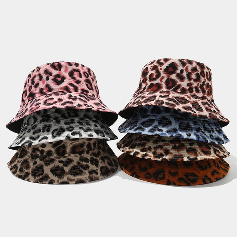 Leopard Print Bucket Hat Double-Sided Polyester Sun Protection Outdoor Casual Vintage Basin Hat For Women Men