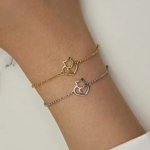 Bracciale Gatto E Cuore Cavo Argento Sterling 925 Gioielli Minimalisti Carino Animale Per Donne Ragazze