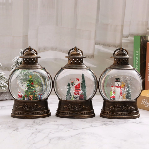 Weihnachts Schneekugel Laterne Spieluhr Vintage Bronze LED Beleuchtet Wassergefüllt Glitzer Retro Feiertag Hausdeko Geschenk