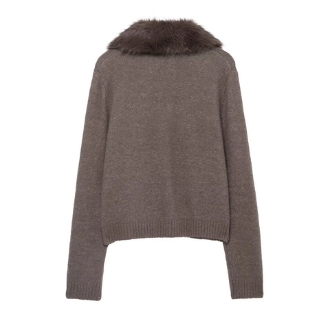 Women Elegant Faux Fur Collar Knit Cardigan Turn-down Collar Long Sleeve Solid Color Warm Sweater Top Autumn Winter
