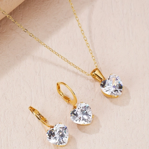 Harthanger Ketting En Oorbellen Roestvrij Staal Verguld Wit Roze Zirkon Elegante Mode Dames Sieraden
