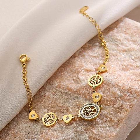 Tree Of Life Heart Charm Bracelet Stainless Steel Zircon Inlaid Gold Plated Adjustable Jewelry For Women