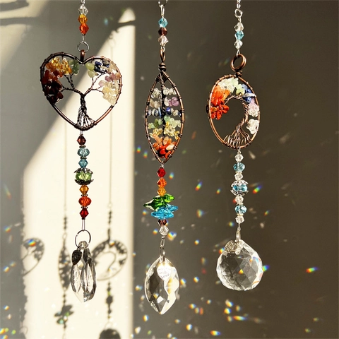 Tree Of Life Crystal Suncatchers With Chakra Stones And Prism Pendants Copper Wire Hanging Ornaments Home Garden Decor