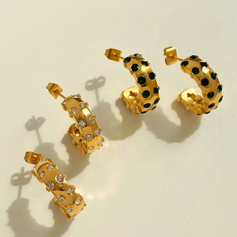 C-Vormige Creolen Goud Verguld Roestvrij Staal Ingelegde Zirkonia Retro Golvend Ontwerp Elegante Sieraden
