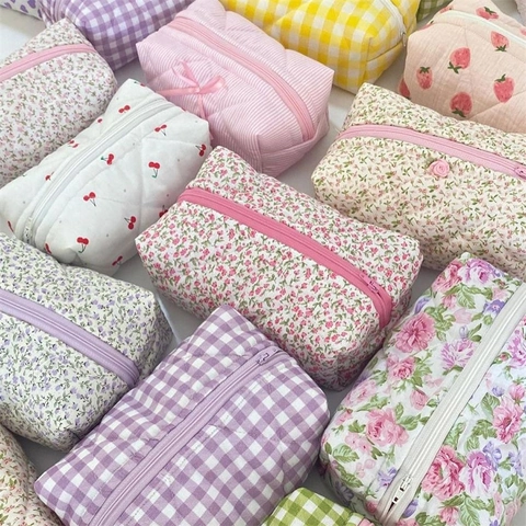 Borsa Da Toilette In Cotone Trapuntato Fantasia Floreale A Quadretti Organizzatore Da Viaggio Pochette Per Trucco Con Cerniera