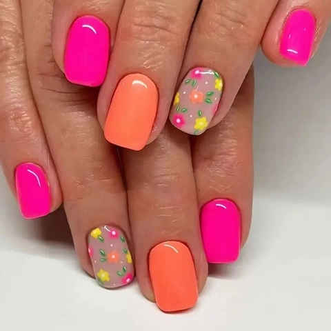 Press On Nails Short Square Artificial False Nail Tips With Jelly Glue Glossy Neon Pink Orange Floral Flower Design