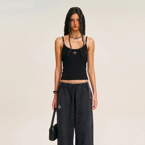 Women Tank Top Cami Ribbed Cotton Blend Adjustable Straps Cross Print Slim Fit Cropped Streetwear