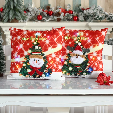 LED Leuchtender Weihnachts Kissenbezug Baumwolle Leinen Rentier Schneemann Muster Xmas Home Deko Kissenhülle Festlich