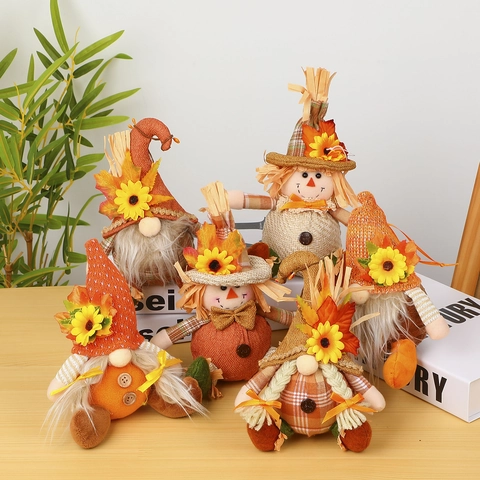 Dankzegging Kabouter Vogelverschrikker Pluche Poppen Herfst Decoratie Zonnebloem Jute Gebreid Gezichtsloos