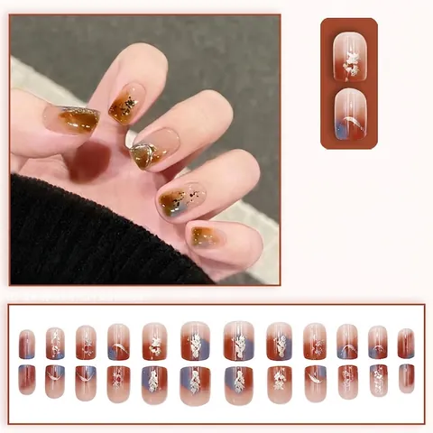 Unghie Finte A Pressione Corte Rotonde Sfumatura Ambra Marmorizzata Foglia D'Oro Riutilizzabili Unghie Artificiali Per Donne Stile Sweet Cool