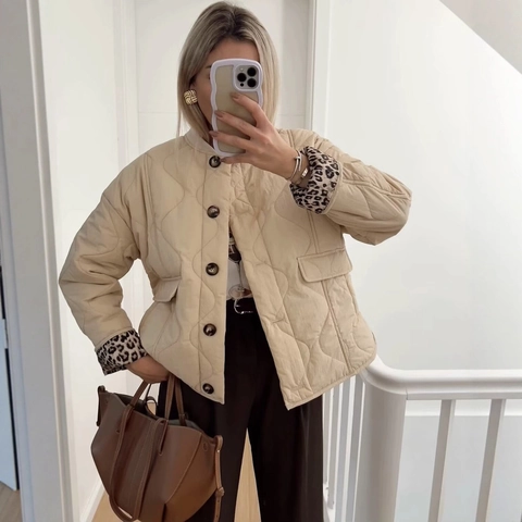 Women Casual Quilted Puffer Jacket Leopard Print Lining Stand Collar Loose Button Down Cotton Padded Coat Outerwear