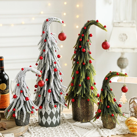 Mini Albero Di Natale Artificiale Collo Piegato Bacche Rosse Palla Lucida Neve Floccata Decorazione Da Tavolo In Vaso