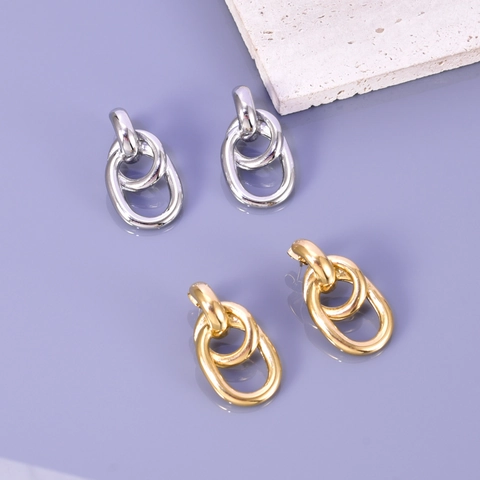 Boucles d'Oreilles Créoles Ovales Entrelacées de Style Français Acier Inoxydable Plaqué Or 18K Argent Boucles d'Oreilles Clous Géométriques Femme Bijoux