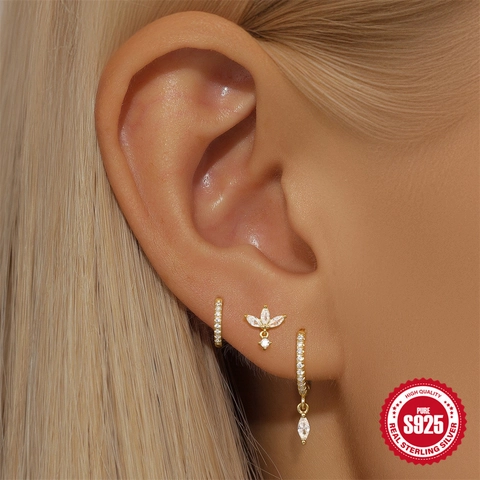 Marquise Zircon Turquoise Earrings 925 Sterling Silver Gold Plated Geometric Hoop Stud Jewelry For Women Elegant Classic