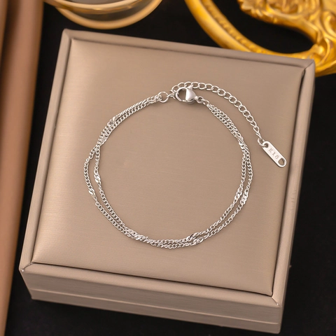 Bracciale a Doppio Strato Catena Curb Acciaio al Titanio Placcato Oro Argento Elegante Minimalista Regolabile Donna Gioielli