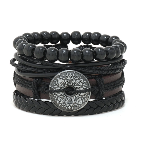 Set di Braccialetti Multistrato in Pelle Intrecciata a Mano da Uomo Retro Ciondoli in Lega Perline Vintage Punk Regalo