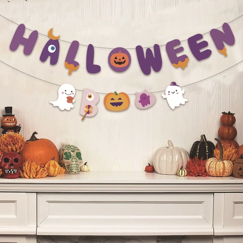 Banner Di Halloween Viola Boo Fantasma Zucca Ghirlanda Carta Per Decorazione Parete Festa Ornamento Cartone Animato