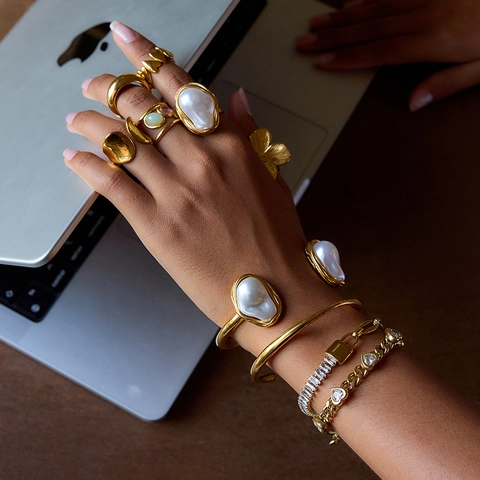 Barok Kunstparel Ring En Bangle Armband Roestvrij Staal Verguld Dames Vintage Luxe Waterdicht Hypoallergeen