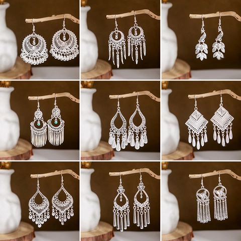 Bohemian Ethnic Tassel Drop Earrings Vintage Silver Color Alloy Hollow Filigree Dangle Earrings For Women