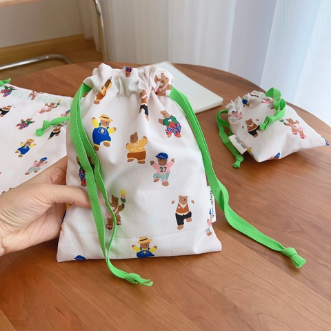 Cartoon Bear Print Drawstring Storage Pouch Double Layer Cotton Portable Soft Bag Organizer For Cosmetics Travel Daily Essentials