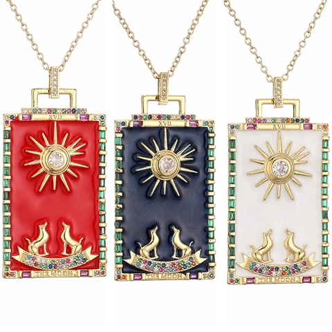 Tarot Card Pendant Necklace Gold Plated Copper Colorful Zircon Enamel Vintage Rectangular Jewelry For Women Men