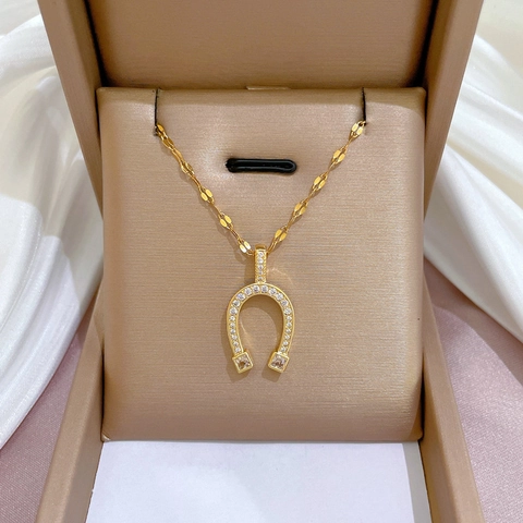 Collana Con Ciondolo A Ferro Di Cavallo Catena In Acciaio Al Titanio Rame Zirconia Gioielli Placcati Oro Da Donna