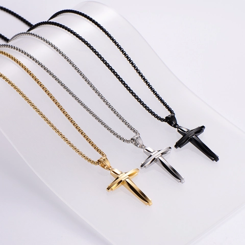 Men Cross Pendant Necklace 316L Stainless Steel Double Layer Religious Jewelry Minimalist Fashion Gift For Him