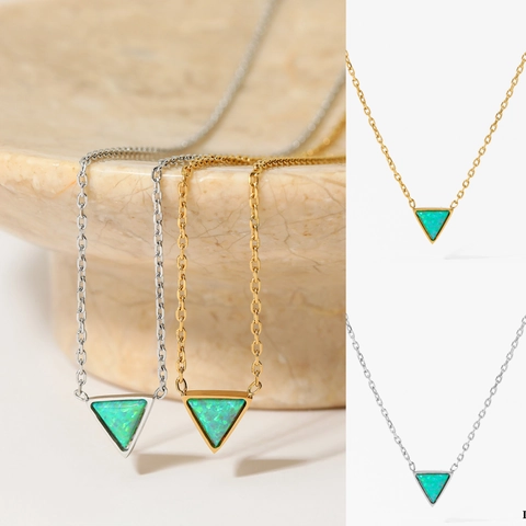 Collana Con Pendente Triangolo Opale Verde Minimalista In Acciaio Inossidabile Catena A Croce Gioielli Di Moda Per Donna