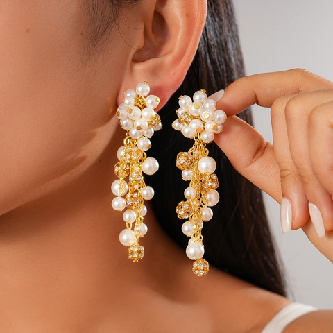 Long Tassel Floral Drop Earrings With Imitation Artificial Pearl Rhinestones And Silver Earring Post Retro Fashion Jewelry For Women
