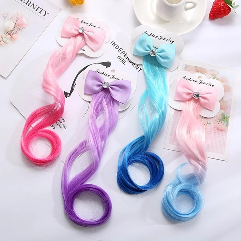 Kids Hair Extensions Bow Hairpins Synthetic Curly Gradient Colorful Rhinestone Princess Cosplay Accessories For Girls