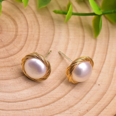 Handmade Wire Wrapped Natural Freshwater Pearl Stud Earrings With 925 Sterling Silver Earring Post Vintage Elegant Women