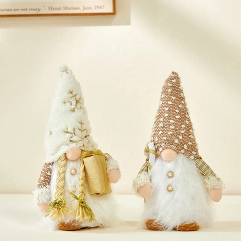 Gnomi Di Natale Bambole Senza Volto Con LED Luce Calda Oro Champagne Tessuto A Maglia Ecopelliccia Arredo Tavola Scandinavo Tomte Nisse