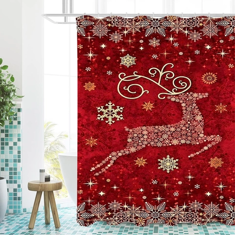 Kerst Douchegordijn Waterdicht Polyester Rood Rendier Sneeuwvlok Patroon Vakantie Badkamer Decor Wasbaar