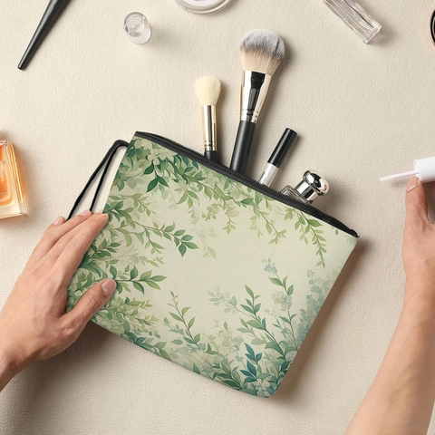 Borsa Trucco In Lino Motivo Foglie Di Piante Verdi Astuccio Cosmetico Con Cinturino Da Polso Organizzatore Da Toeletta Portatile